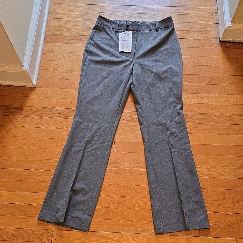 NWT, Zara, Gray Flat-Front Polyester Blend Flare/Bootcut Dress Pants, Women's M